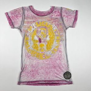 Affliction American Customs Womens Small Pink Yellow Distressed Sheer